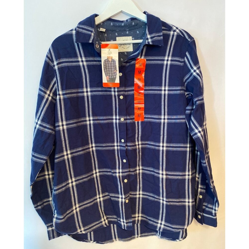 Jachs New York Women Plaid Button-Up Shirt Medium Navy White Flannel Long Sleeve